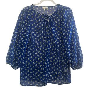 DLEIONE Sheer Bow Print Blouse Blue Tie Neck Long Sleeve‎ L Made in USA